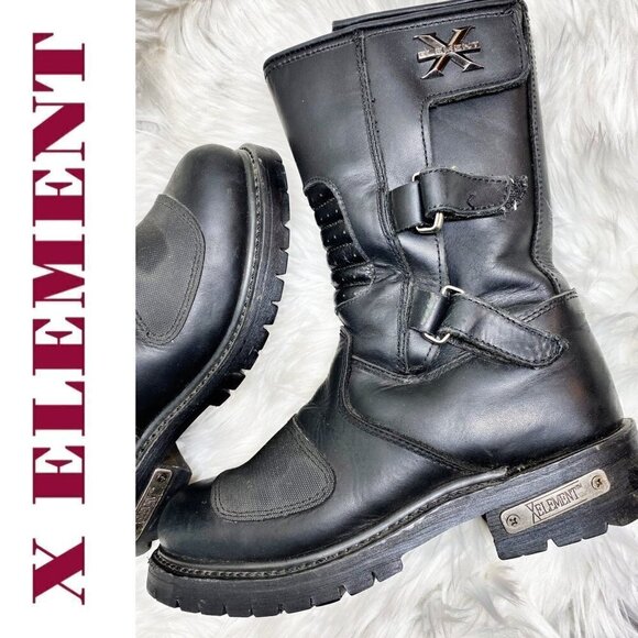 X ELEMENT Men's Black Leather Steel Toe Oil Resistant Moto Work Boots, Size 9 - Picture 3 of 14
